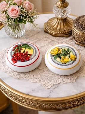 VTG Enesco Porcelain Floral Paperweights in Red and Yellow Flowers  2pc Bundle